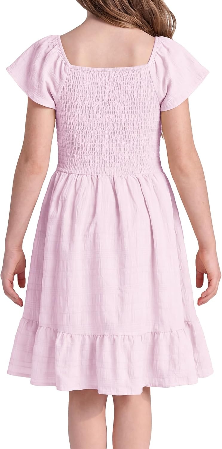 Stelle Girls Summer Casual Smocked Dress 5-15 Years | Short Sleeve,Square Neck,Backless,Cotton Lining,Double Layer,A Line,Twirl Dress,Back to School,Beach,Holiday,Skater Dress(Lilac)