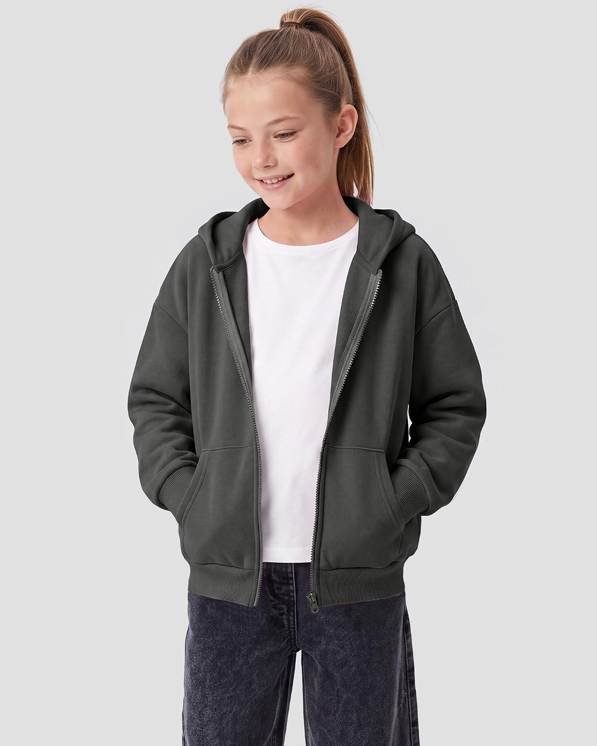 Stelle Girls Zip Up Hoodie Kids Casual Fleece Sweatshirt with Pocket(Charcoal)