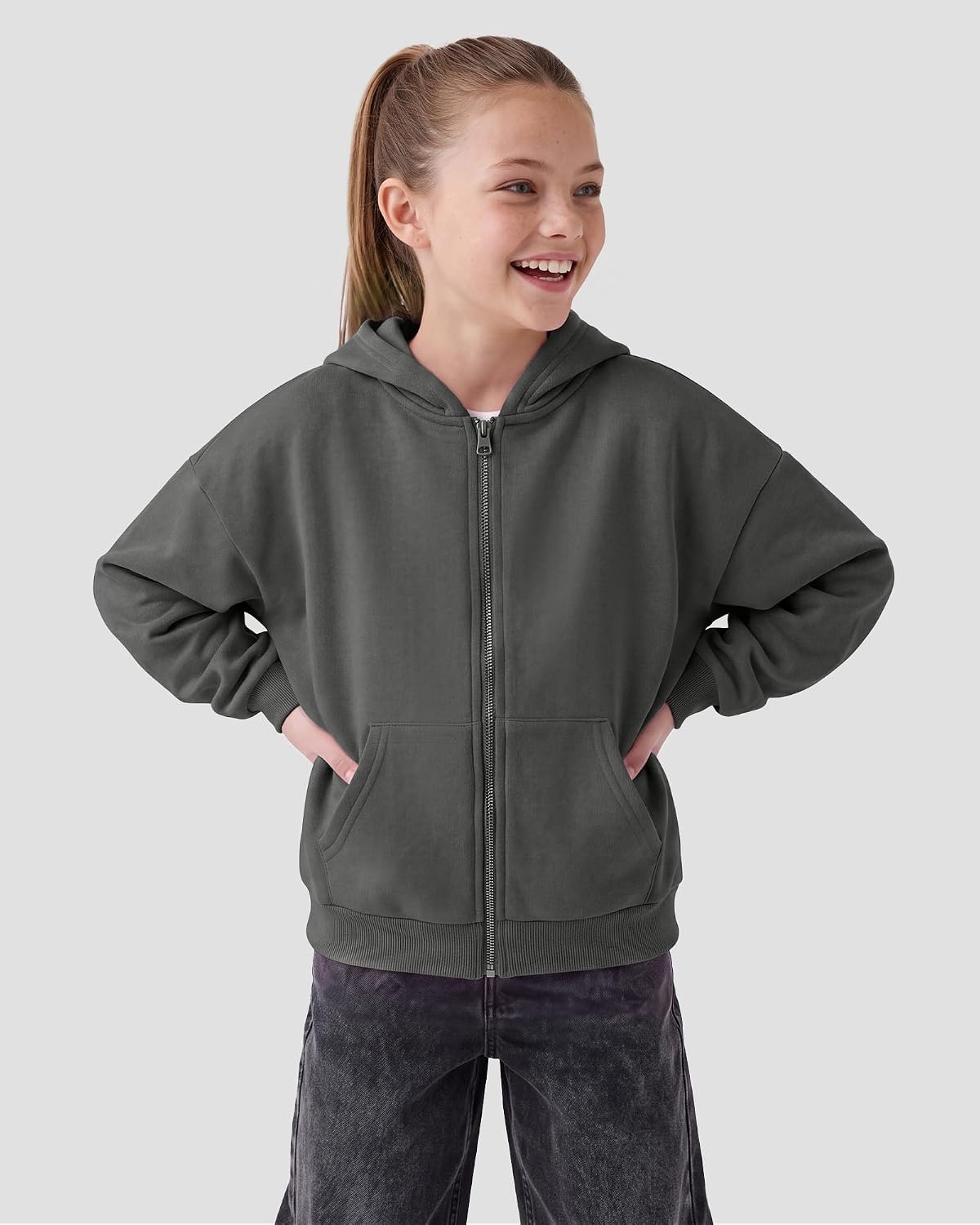 Stelle Girls Zip Up Hoodie Kids Casual Fleece Sweatshirt with Pocket(Charcoal)