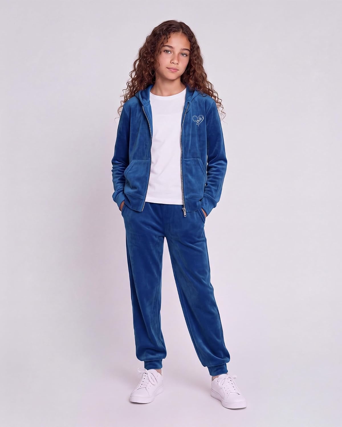 Stelle Girls Velour Tracksuits Zip Up Hoodies Joggers with Pockets 5-15 Y(Sapphire)