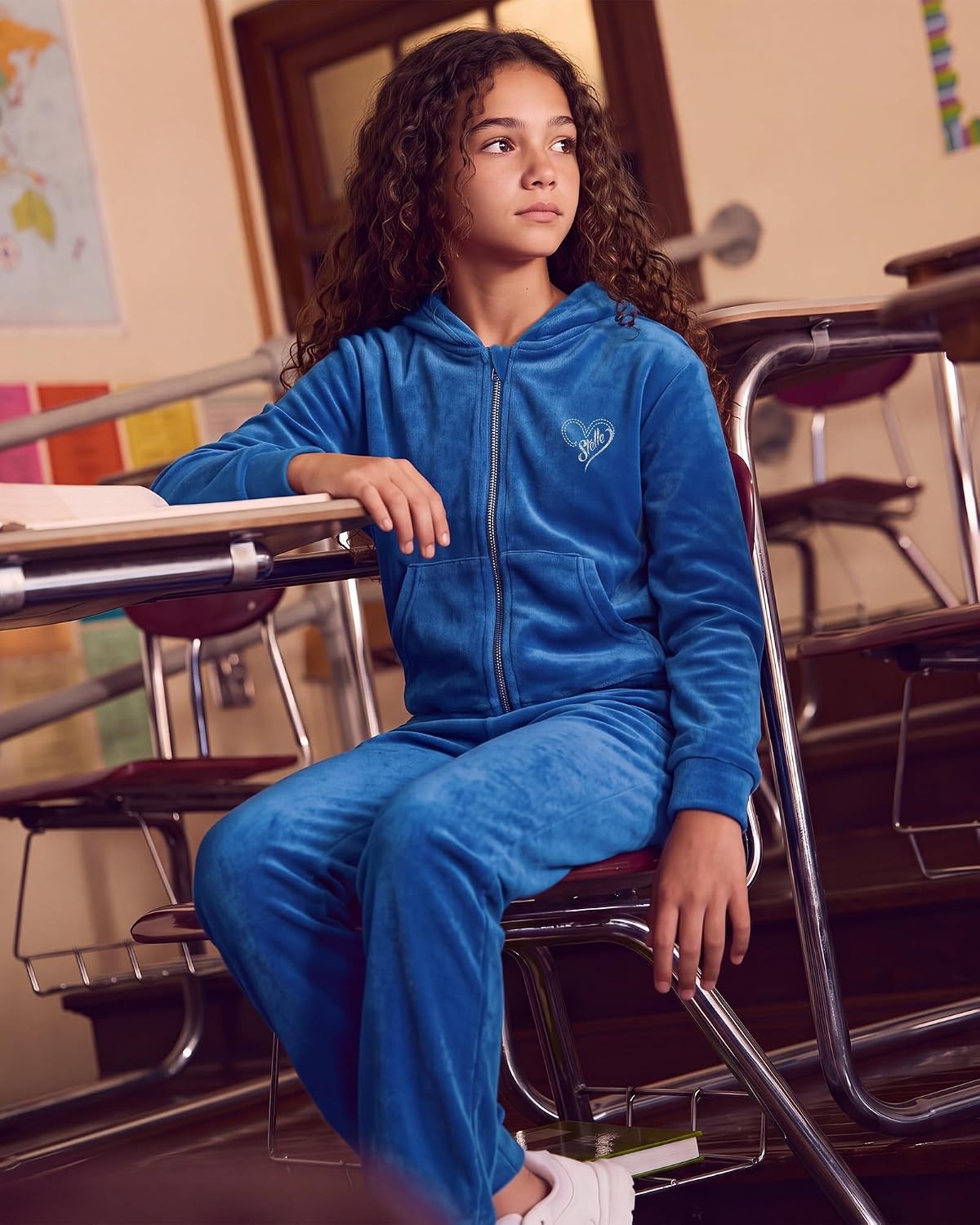 Stelle Girls Velour Tracksuits Zip Up Hoodies Joggers with Pockets 5-15 Y(Sapphire)