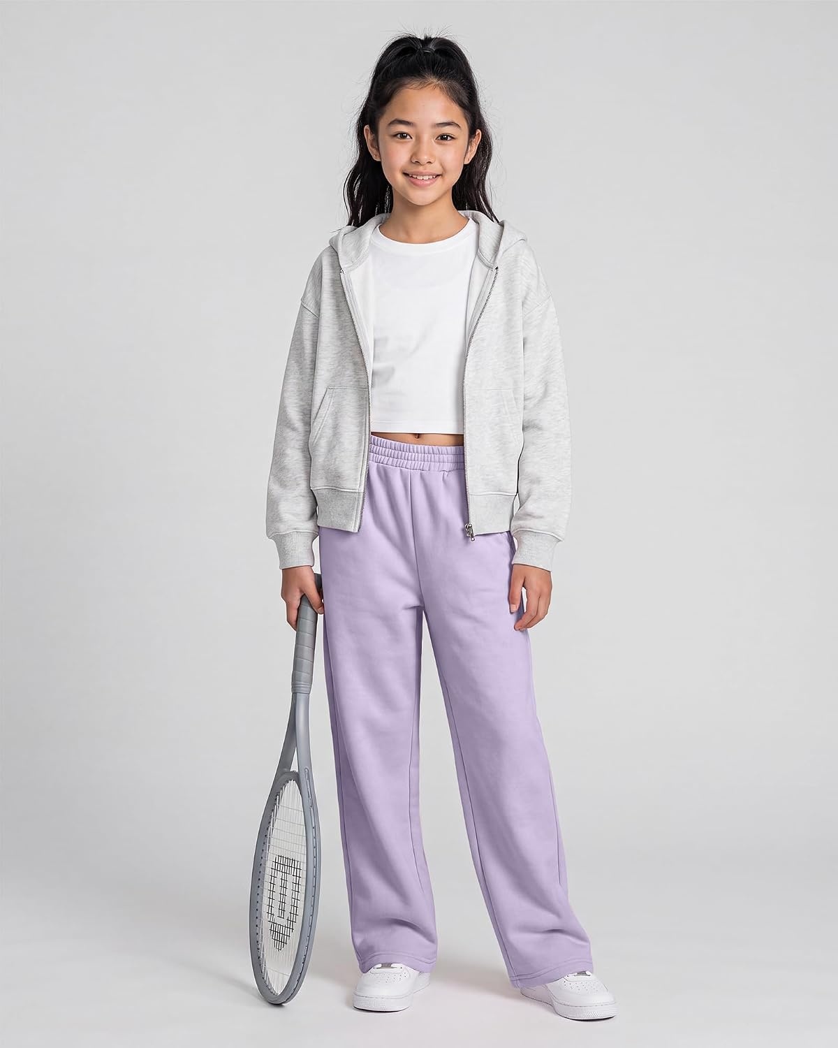 Girls’ Wide-leg Fleece Sweatpants,Soft, with Front Pockets, Warm Loose Fit(Lavender)