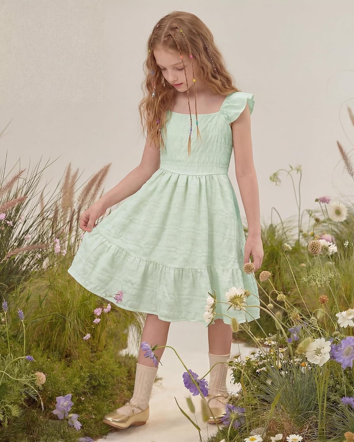Stelle Girls Square Neck Flutter Sleeve Tie Back Dress 5-15 Y | Smocked Waist,Criss Cross Back Bow,Cotton Lining, Knee Length,Breathable,Stretchable,Easter/Spring/Summer/Vacation/Beach(Pastel Green)