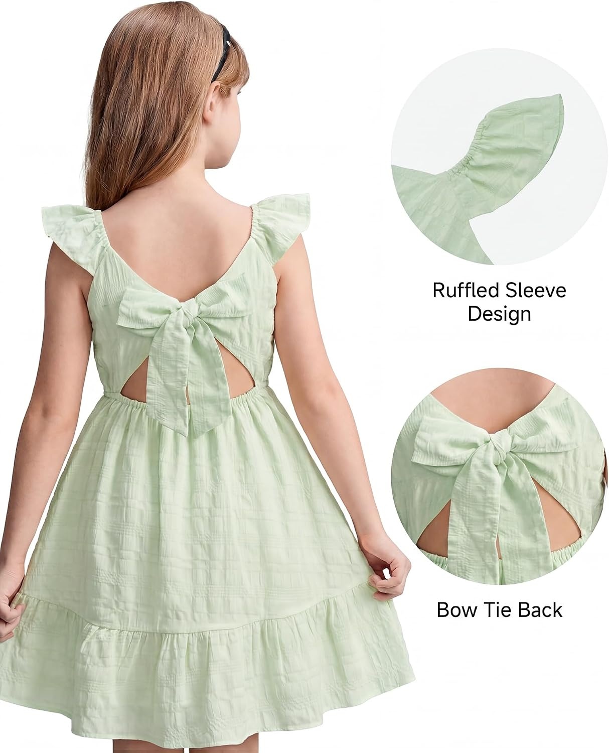 Stelle Girls Square Neck Flutter Sleeve Tie Back Dress 5-15 Y | Smocked Waist,Criss Cross Back Bow,Cotton Lining, Knee Length,Breathable,Stretchable,Easter/Spring/Summer/Vacation/Beach(Pastel Green)