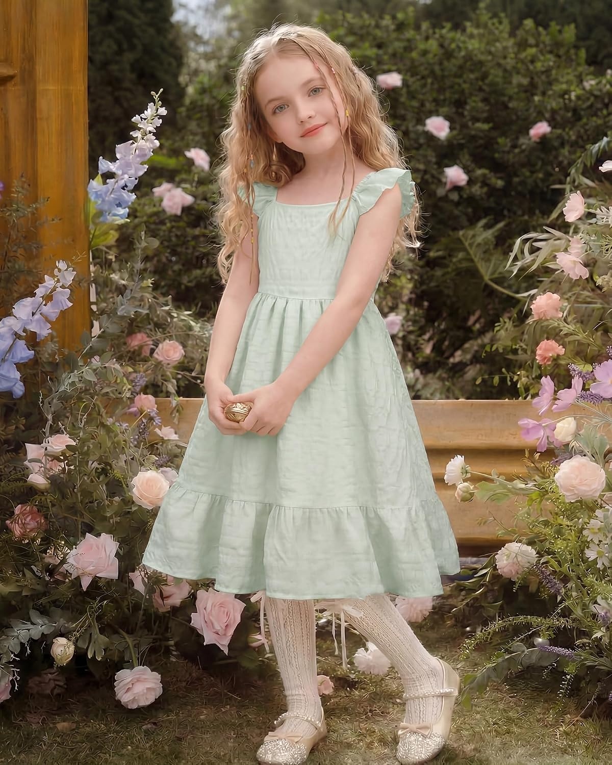 Stelle Girls Square Neck Flutter Sleeve Tie Back Dress 5-15 Y | Smocked Waist,Criss Cross Back Bow,Cotton Lining, Knee Length,Breathable,Stretchable,Easter/Spring/Summer/Vacation/Beach(Pastel Green)