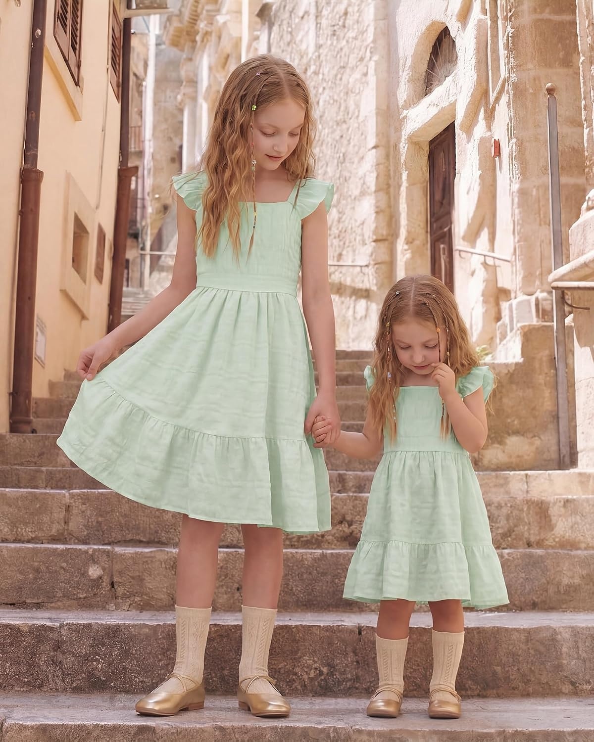 Stelle Girls Square Neck Flutter Sleeve Tie Back Dress 5-15 Y | Smocked Waist,Criss Cross Back Bow,Cotton Lining, Knee Length,Breathable,Stretchable,Easter/Spring/Summer/Vacation/Beach(Pastel Green)