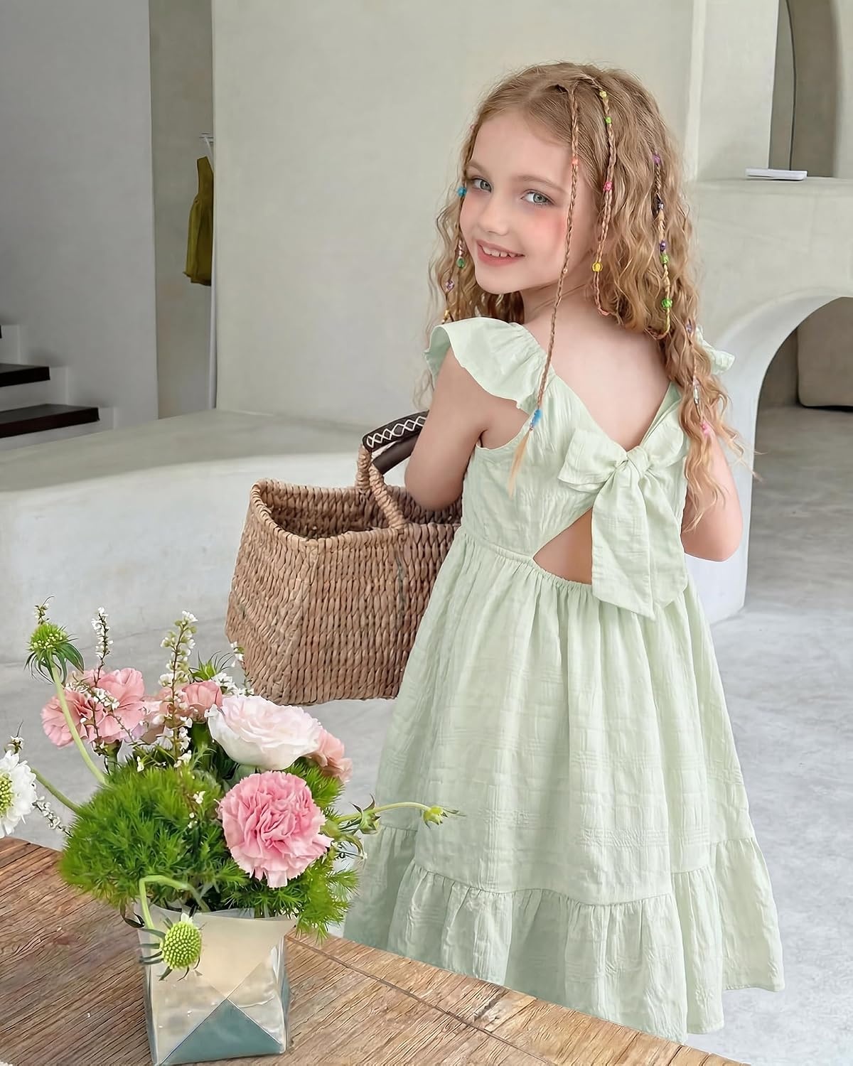 Stelle Girls Square Neck Flutter Sleeve Tie Back Dress 5-15 Y | Smocked Waist,Criss Cross Back Bow,Cotton Lining, Knee Length,Breathable,Stretchable,Easter/Spring/Summer/Vacation/Beach(Pastel Green)