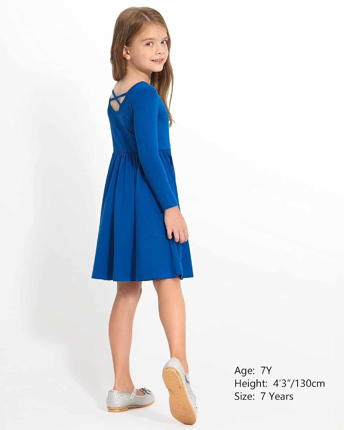 Stelle Long Sleeve Girls Dress Toddler Dresses Skater Twirl Cotton A-Line Dress for School Casual | Criss Cross Back,Crew Neck,High Waist,Spinny Swing,Stretchable,Spring Fall Winter,Casual School Birthday Dance(Blue)