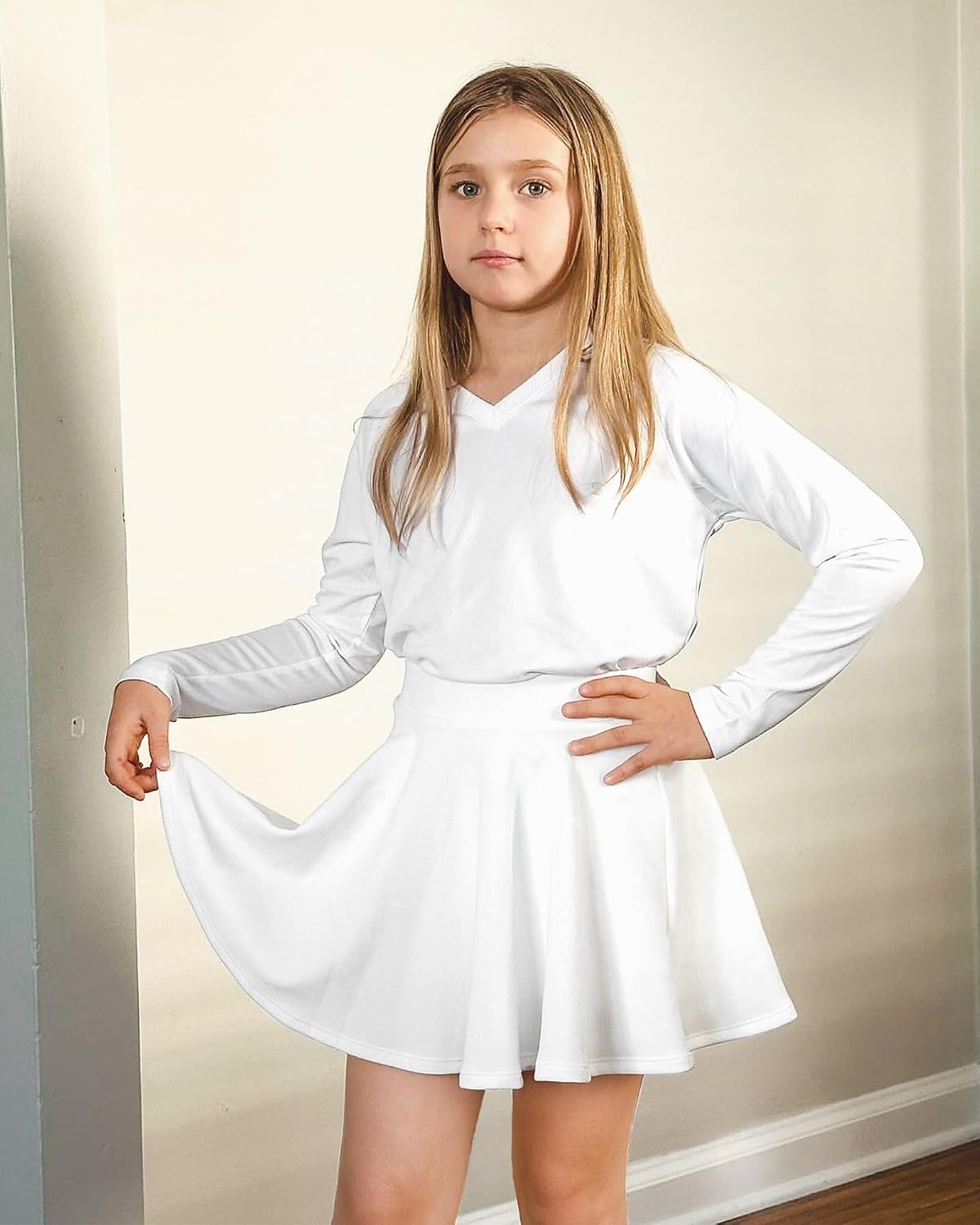 Stelle Girls Skirt Casual Flare Plain Pleated Stretch Waist Skater Skirts Uniform Skorts with Built in Shorts 4-15 Years(White)