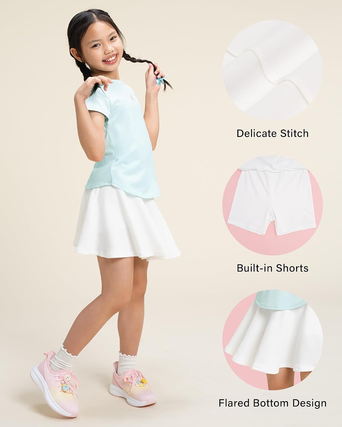 Stelle Girls Skirt Casual Flare Plain Pleated Stretch Waist Skater Skirts Uniform Skorts with Built in Shorts 4-15 Years(White)