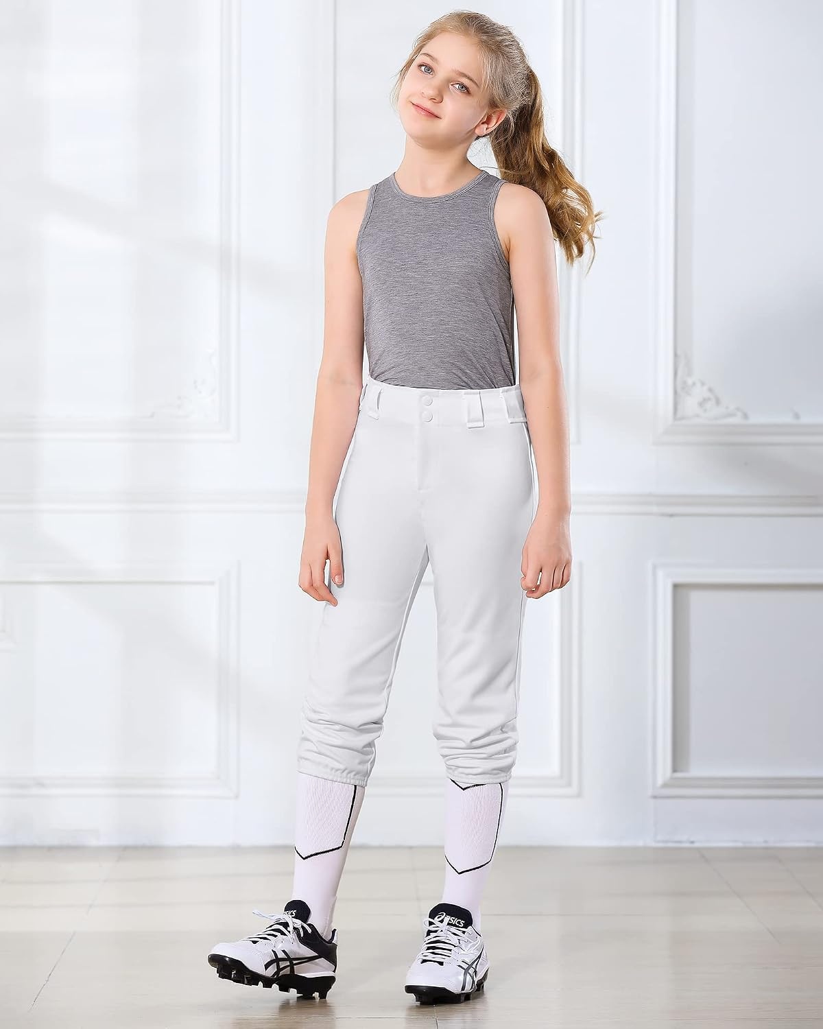 Stelle Softball Pants for Girls Youth with Pockets for Kids Fastpitch | Tee ball, Belt Loops, Abrasion-resistant, Double Knee Performance, Practice, Game Day, Elastic Leg Openings(White)