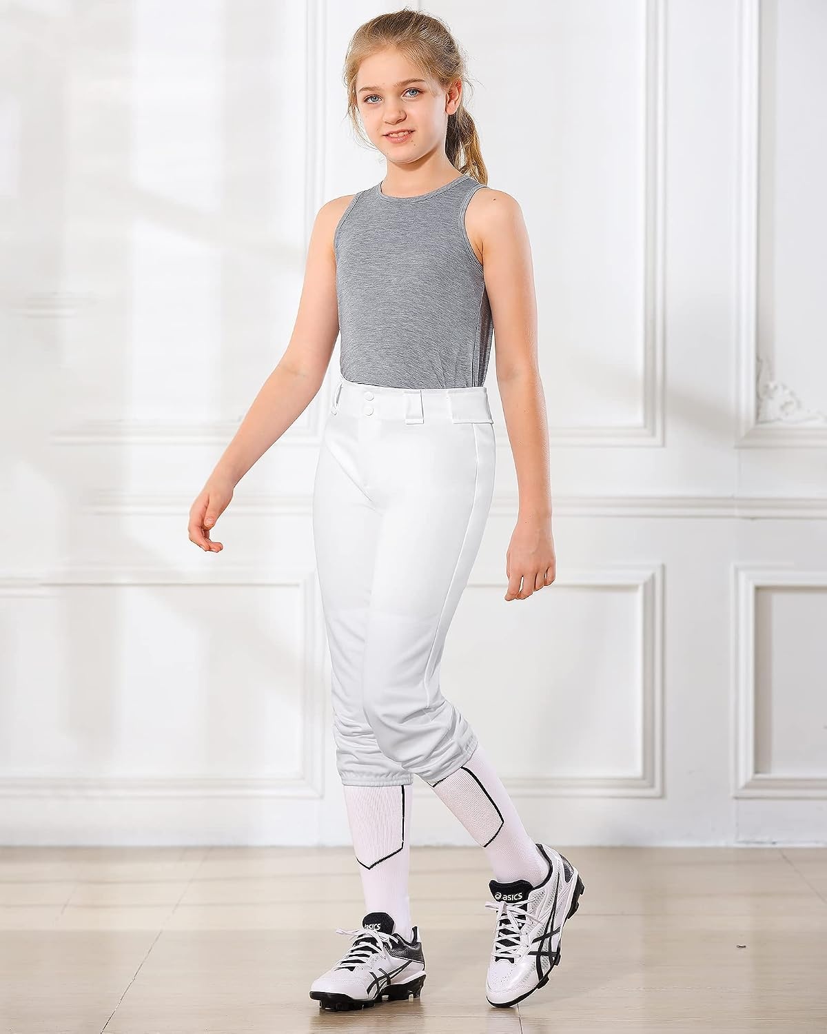 Stelle Softball Pants for Girls Youth with Pockets for Kids Fastpitch | Tee ball, Belt Loops, Abrasion-resistant, Double Knee Performance, Practice, Game Day, Elastic Leg Openings(White)