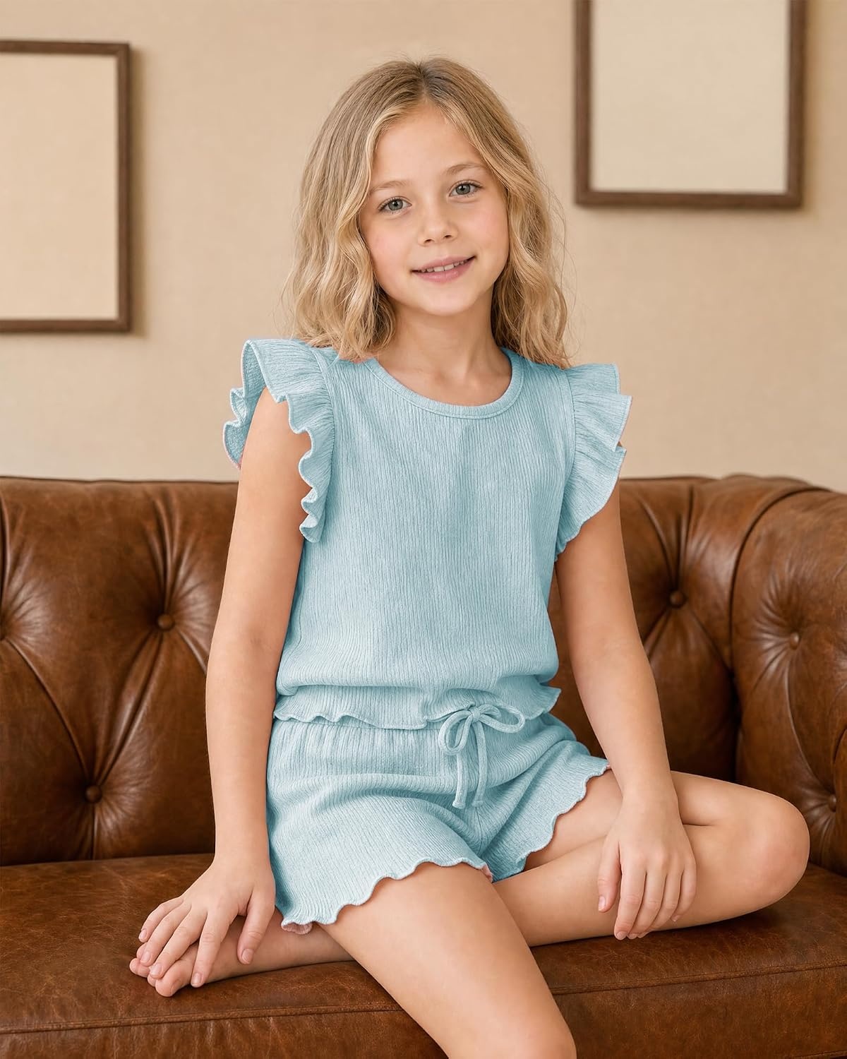 Stelle Girls 2 Piece Summer Outfits Flutter Sleeve Tops and Shorts 5-13Y(Light Blue)