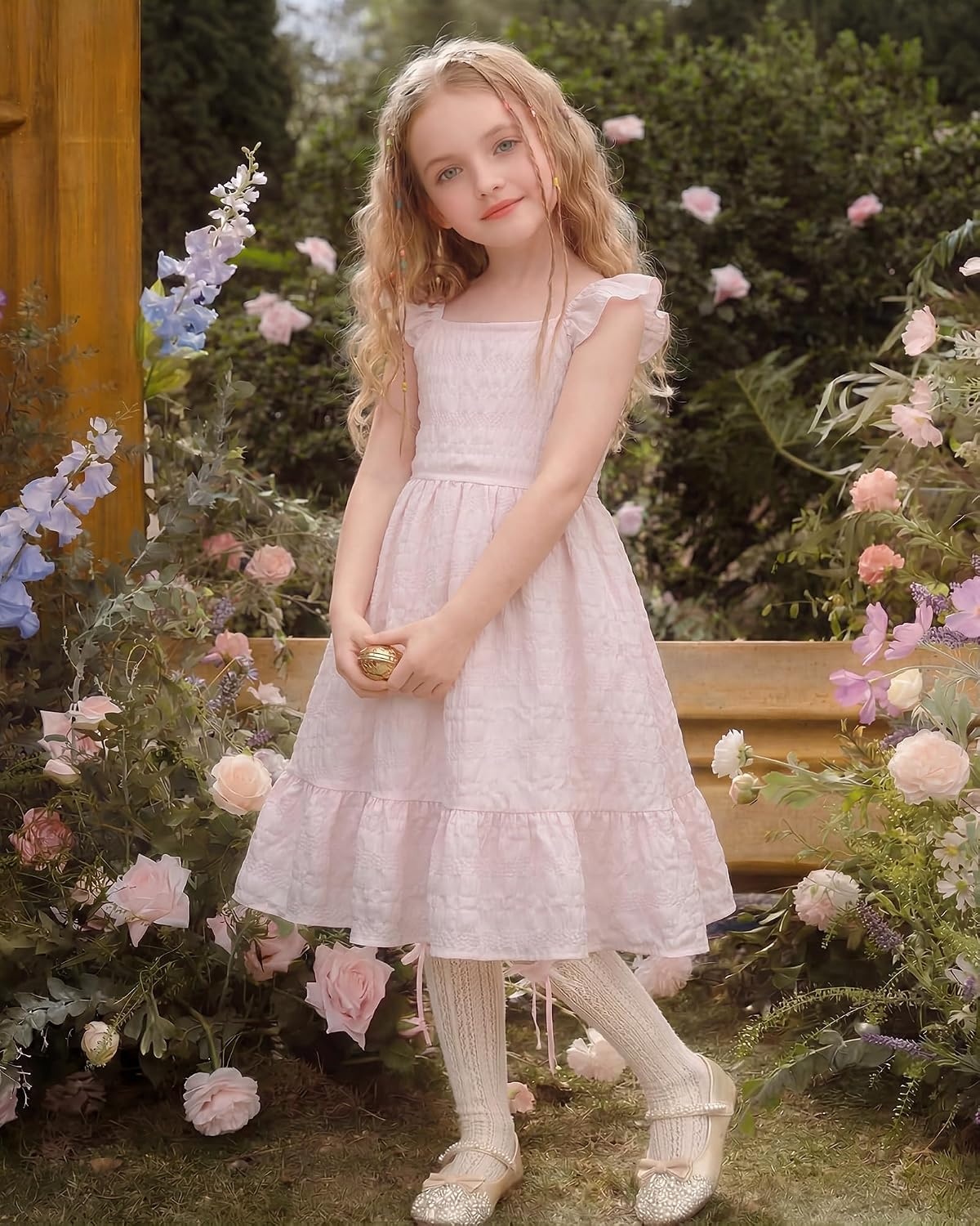 Stelle Girls Square Neck Flutter Sleeve Tie Back Dress 5-15 Y | Smocked Waist,Criss Cross Back Bow,Cotton Lining, Knee Length,Breathable,Stretchable,Easter/Spring/Summer/Vacation/Beach(Light Pink)