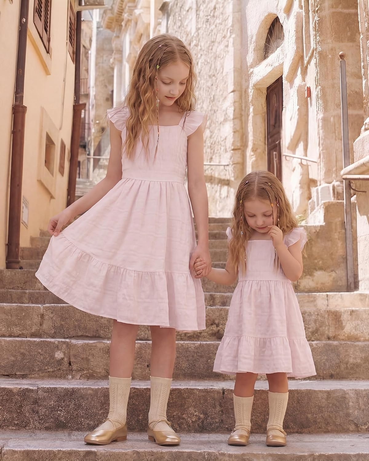 Stelle Girls Square Neck Flutter Sleeve Tie Back Dress 5-15 Y | Smocked Waist,Criss Cross Back Bow,Cotton Lining, Knee Length,Breathable,Stretchable,Easter/Spring/Summer/Vacation/Beach(Light Pink)