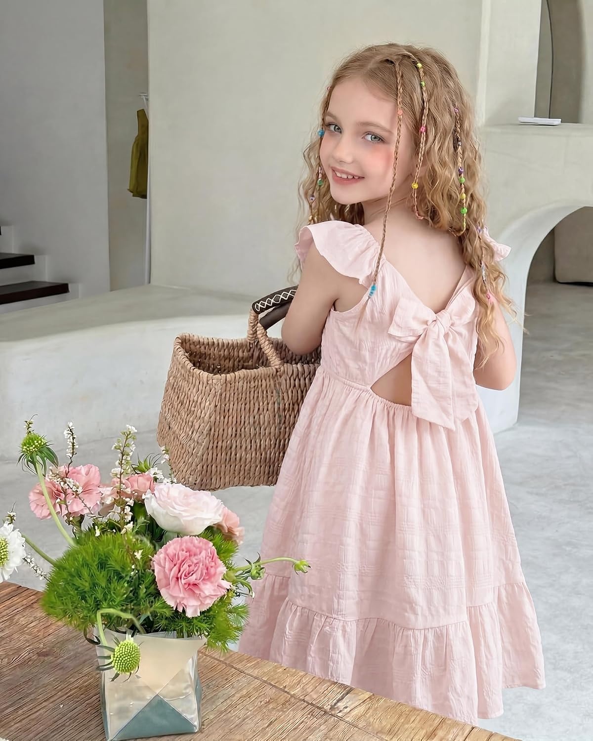Stelle Girls Square Neck Flutter Sleeve Tie Back Dress 5-15 Y | Smocked Waist,Criss Cross Back Bow,Cotton Lining, Knee Length,Breathable,Stretchable,Easter/Spring/Summer/Vacation/Beach(Light Pink)