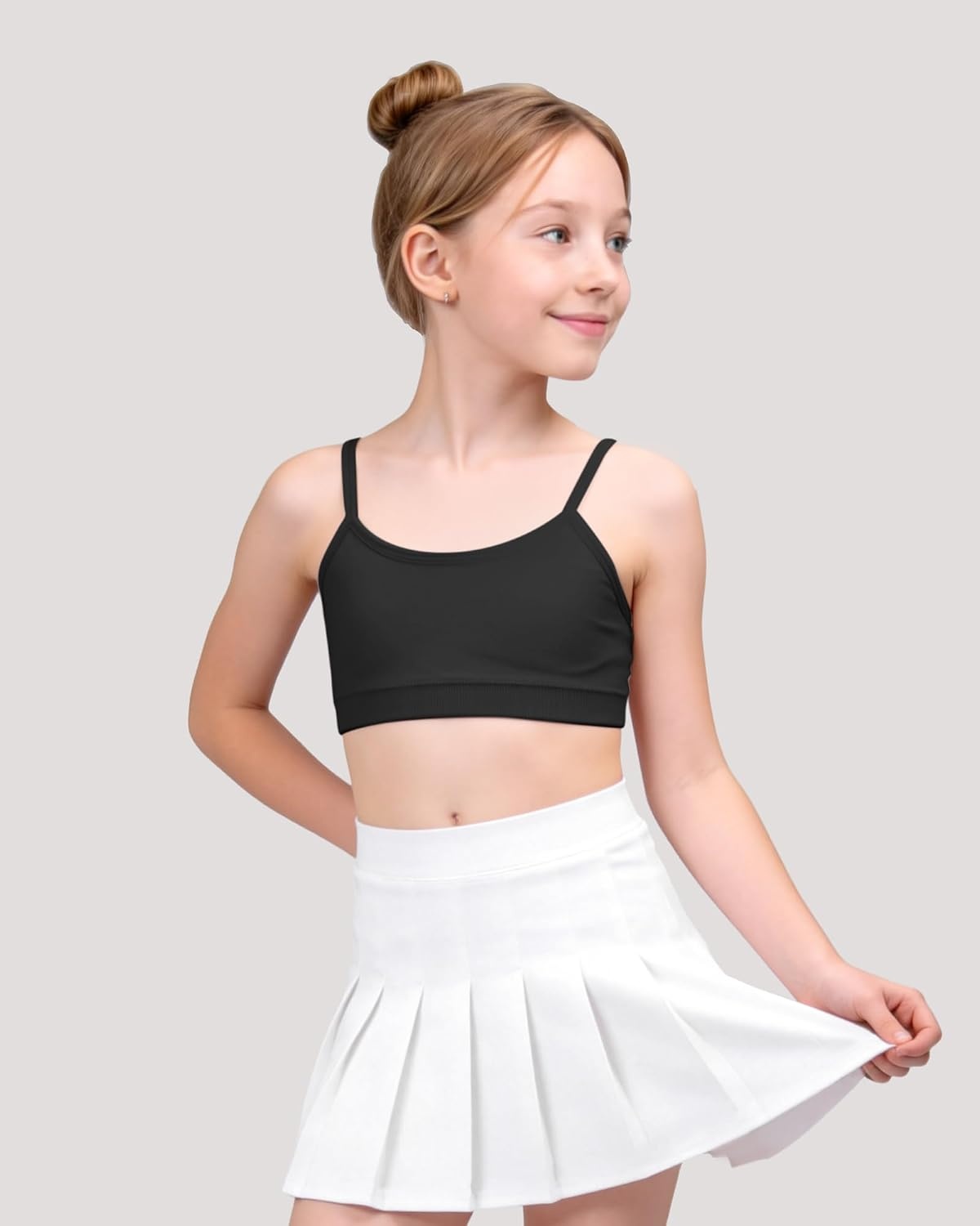 Stelle Girls Padded Training Bras Seamless Sports Bras 6-15Y | Teen Kids Adjustable Spaghetti Strap Bralette, MultiPacks, Fixed Pads, Tagless Girls Cami Bra for School, Sports, or Sleep(2 White+black)