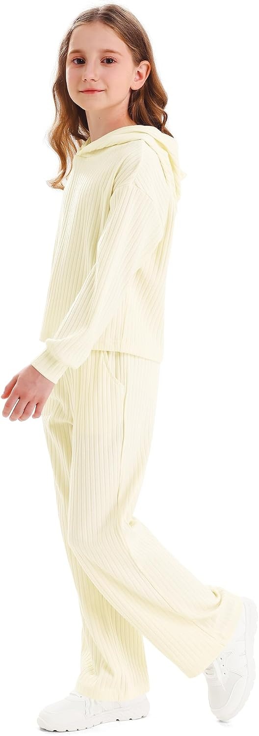 Stelle Girls Clothes 2 Piece Fall Outfits Lounge Set Long Sleeve Pullover Hoodie Wide Leg Sweatpants Teen Ribbed Tracksuit(Creme)