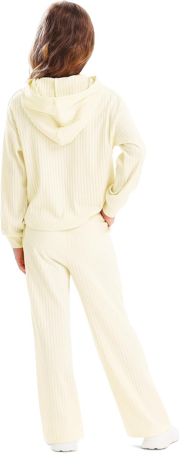 Stelle Girls Clothes 2 Piece Fall Outfits Lounge Set Long Sleeve Pullover Hoodie Wide Leg Sweatpants Teen Ribbed Tracksuit(Creme)