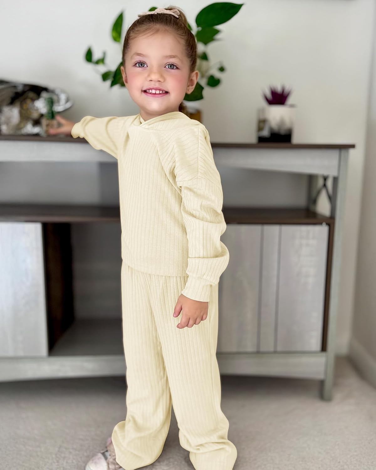 Stelle Girls Clothes 2 Piece Fall Outfits Lounge Set Long Sleeve Pullover Hoodie Wide Leg Sweatpants Teen Ribbed Tracksuit(Creme)