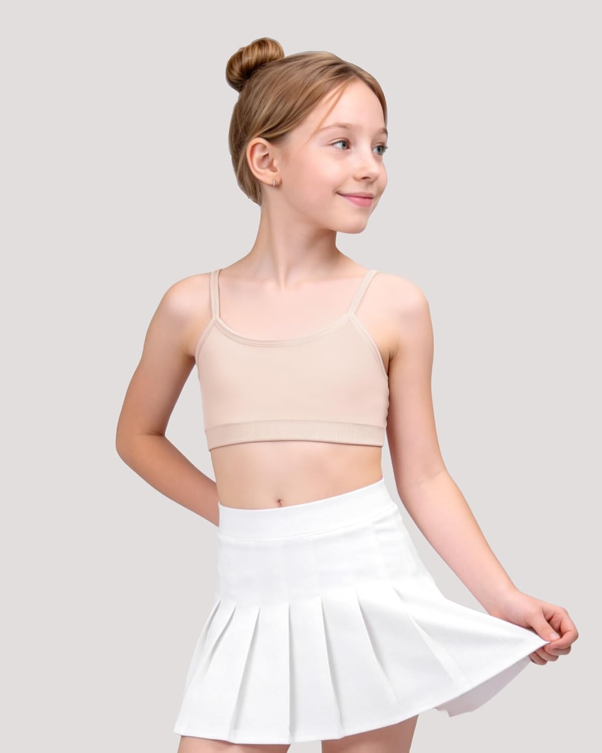 Stelle Girls Padded Training Bras Seamless Sports Bras 6-15Y | Teen Kids Adjustable Spaghetti Strap Bralette, MultiPacks, Fixed Pads, Tagless Girls Cami Bra for School, Sports, or Sleep(2 White+soft Bare)