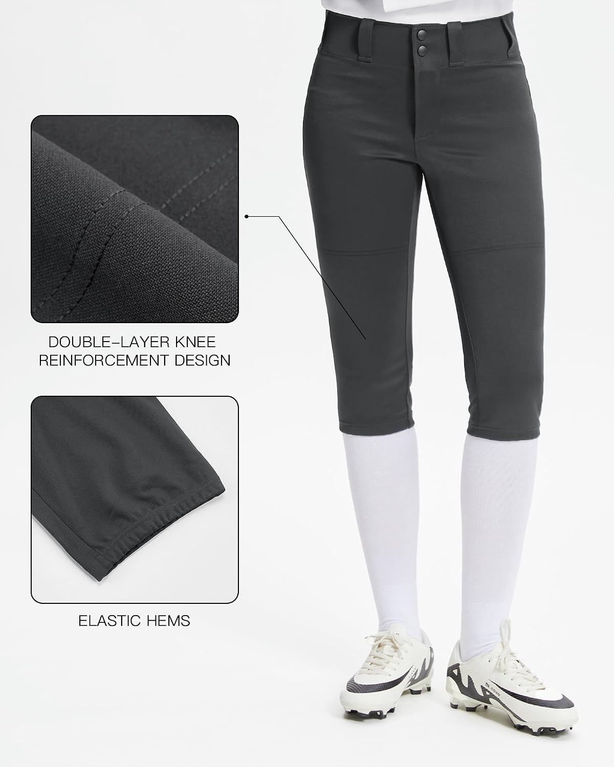 Stelle Womens Softball Pants Knee-High Knickers with Pocket Fastpitch Adult | Belt Loops, Abrasion-resistant, Double Knee Performance, Durable, Practice, Game Day, Elastic Leg Openings(Charcoal)