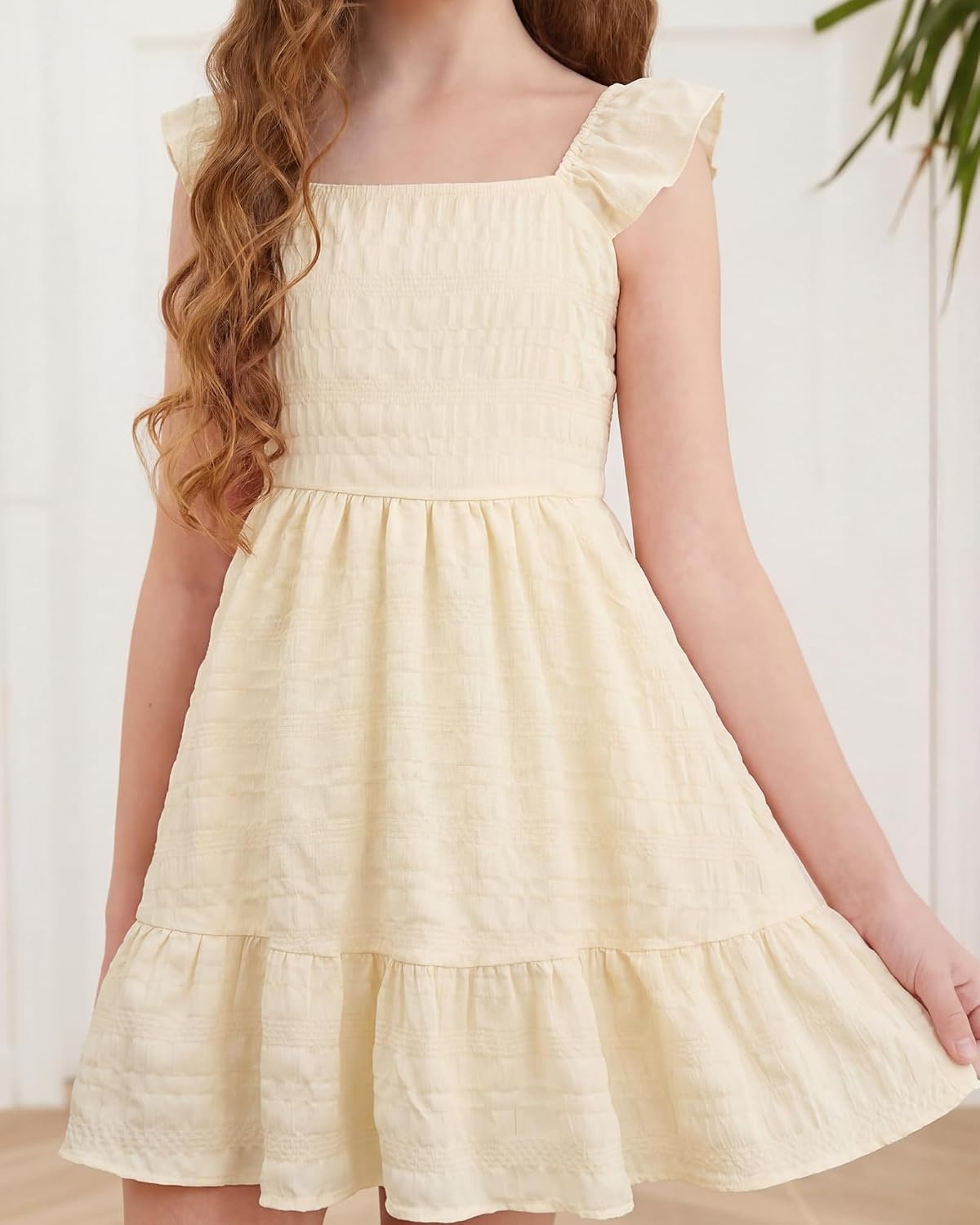 Stelle Girls Square Neck Flutter Sleeve Tie Back Dress 5-15 Y | Smocked Waist,Criss Cross Back Bow,Cotton Lining, Knee Length,Breathable,Stretchable,Easter/Spring/Summer/Vacation/Beach(Butter)