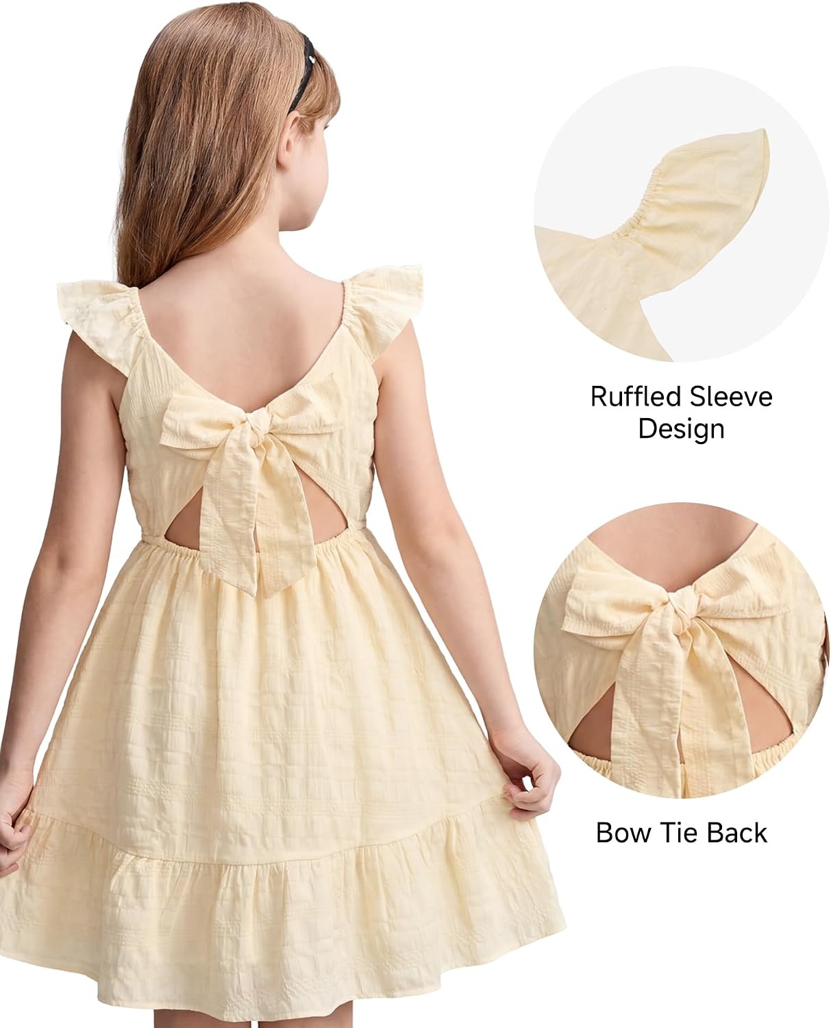 Stelle Girls Square Neck Flutter Sleeve Tie Back Dress 5-15 Y | Smocked Waist,Criss Cross Back Bow,Cotton Lining, Knee Length,Breathable,Stretchable,Easter/Spring/Summer/Vacation/Beach(Butter)