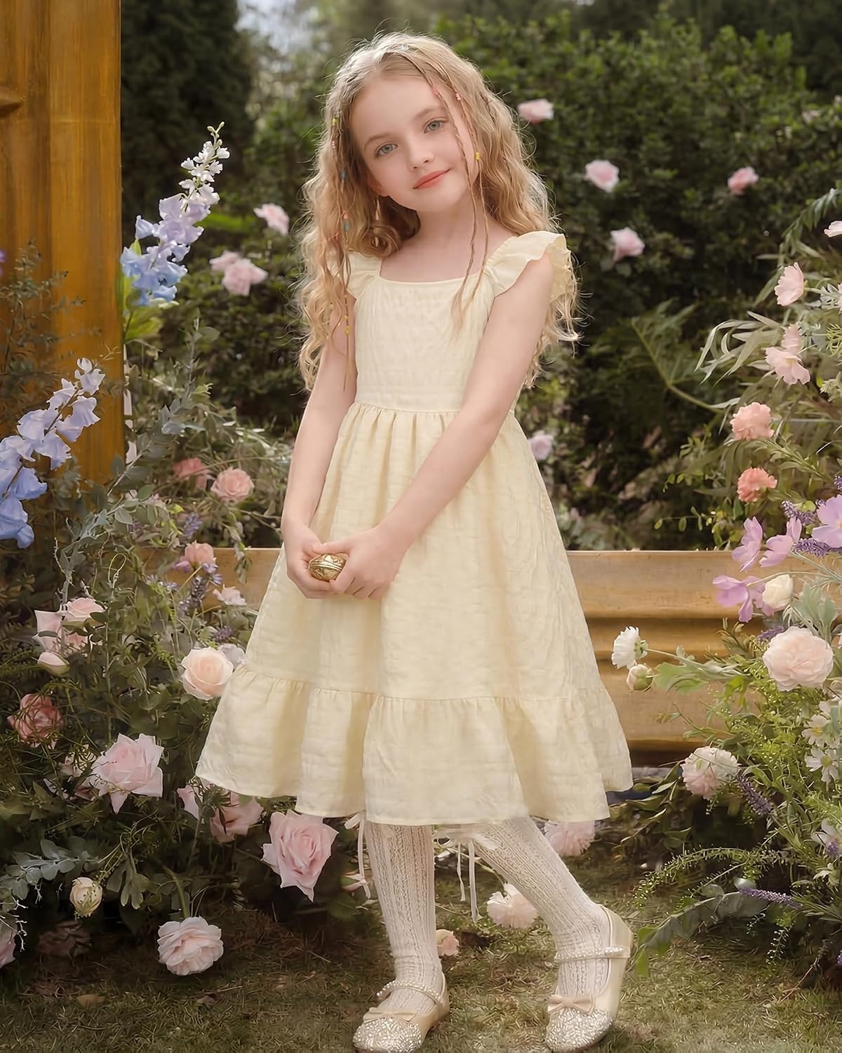Stelle Girls Square Neck Flutter Sleeve Tie Back Dress 5-15 Y | Smocked Waist,Criss Cross Back Bow,Cotton Lining, Knee Length,Breathable,Stretchable,Easter/Spring/Summer/Vacation/Beach(Butter)