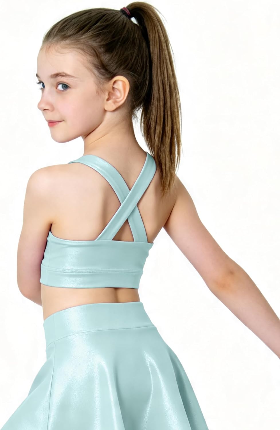 Stelle Girls Metallic Dance Tops Shiny Athletic Crop Tank Cross Back(Light Blue)