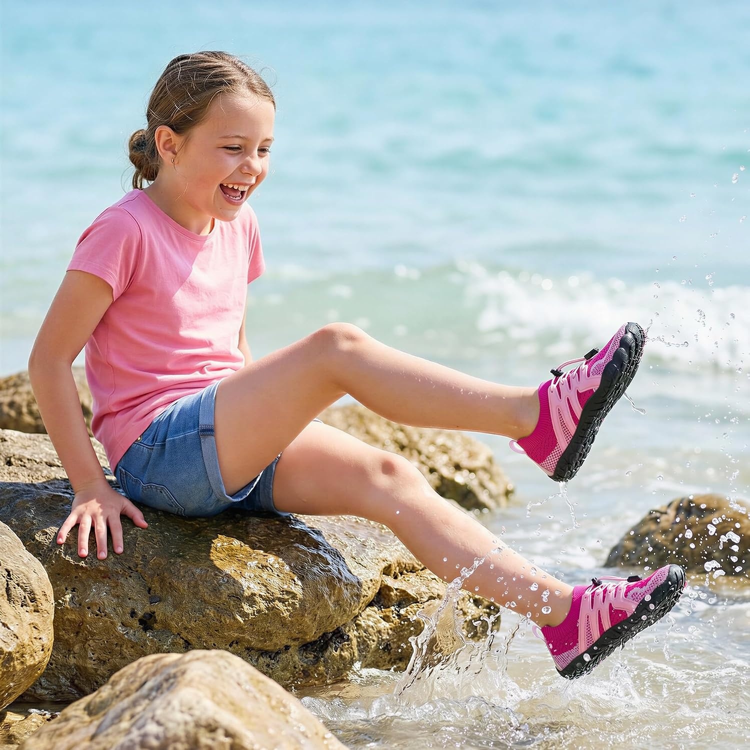 STELLE Water Shoes for Kids Girls Boys Barefoot Shoes with Adjustable Laces Quick Drying Beach Sports Non Slip Swimming Hiking(Strawberry Milkshake)