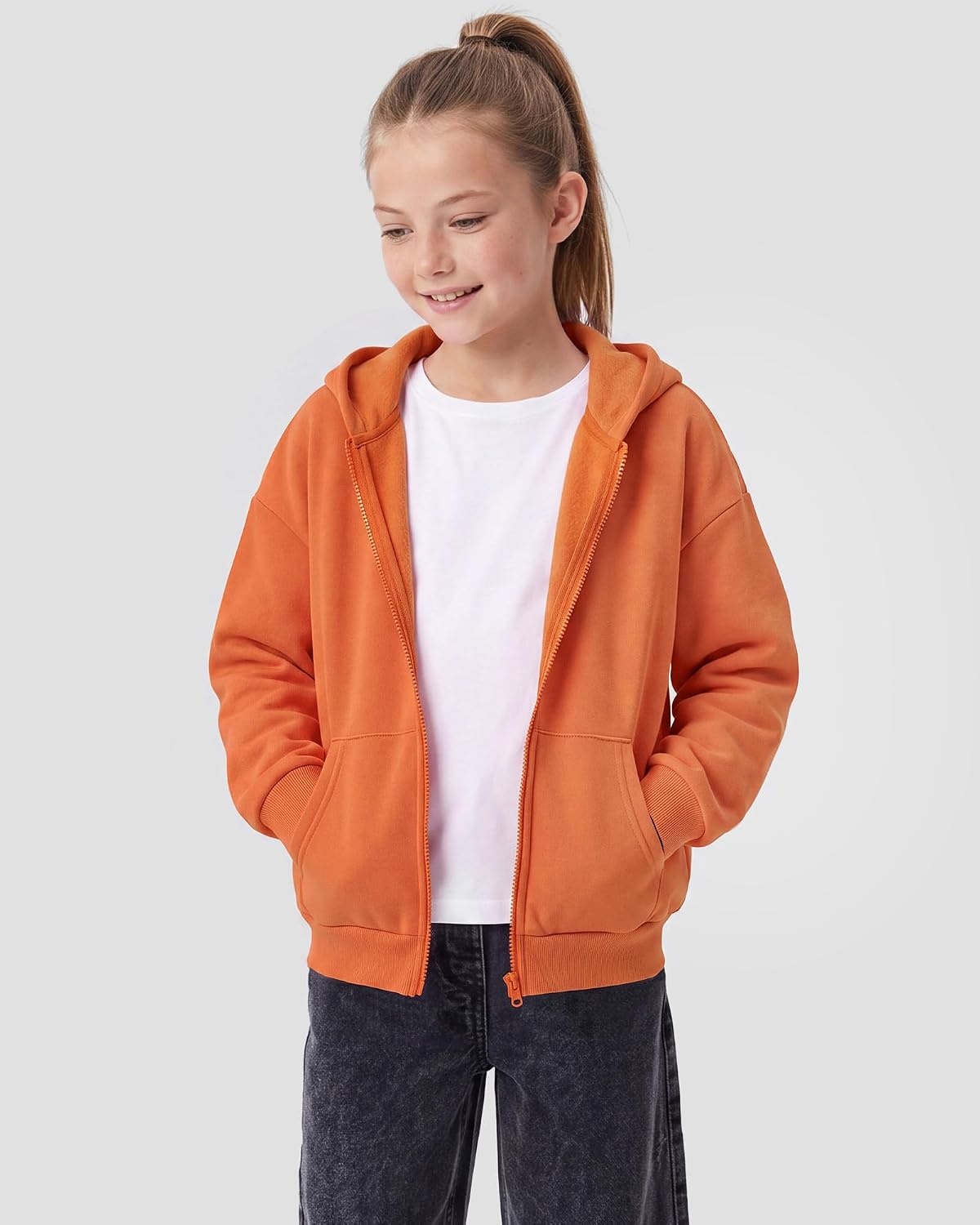 Stelle Girls Zip Up Hoodie Kids Casual Fleece Sweatshirt with Pocket(Orange)