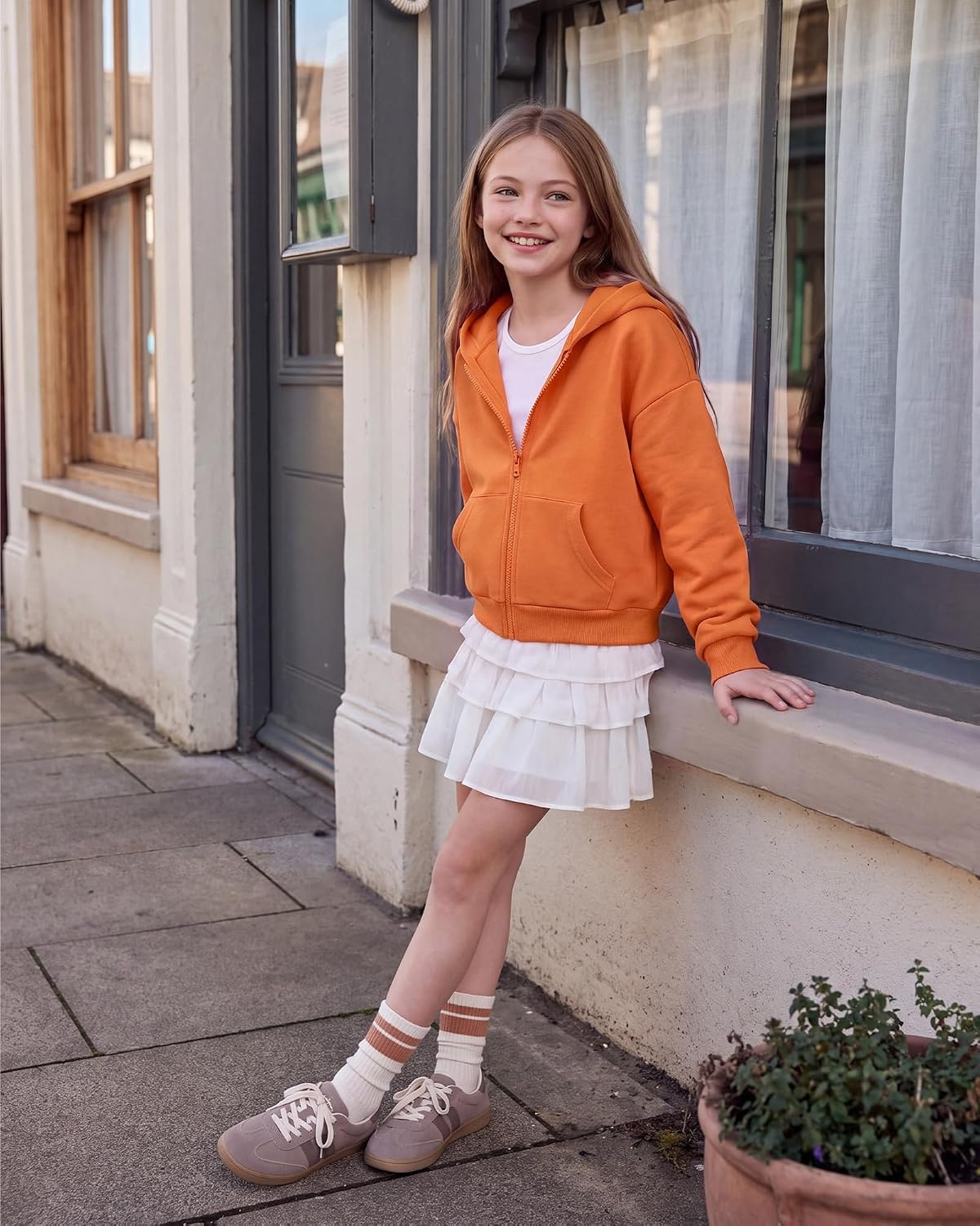 Stelle Girls Zip Up Hoodie Kids Casual Fleece Sweatshirt with Pocket(Orange)