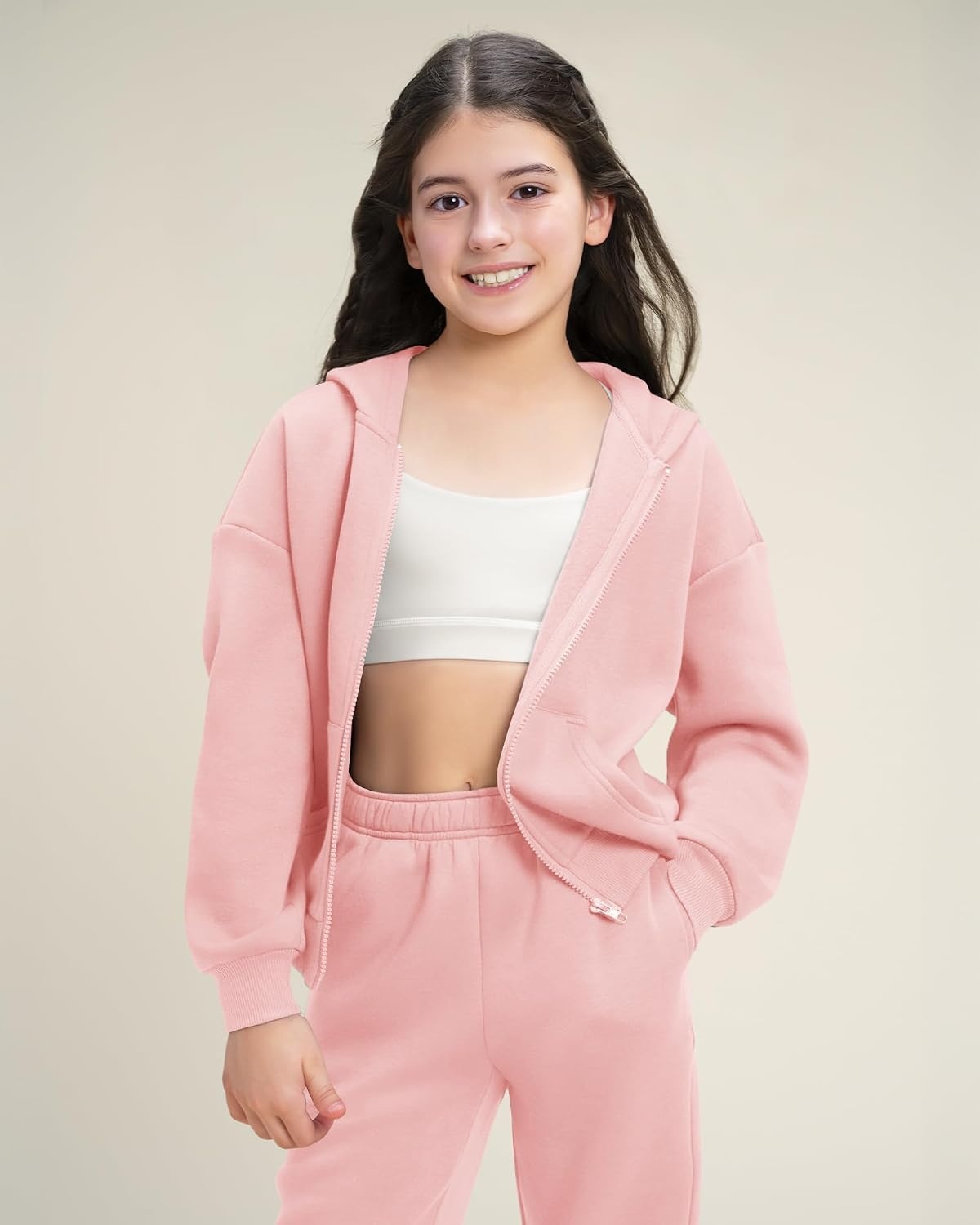 Stelle Girls Athletic Sweatsuit 2 Pieces Sweatshirts and Pant Long Sleeve Zip Up with Pockets Outfits Set(Pink)