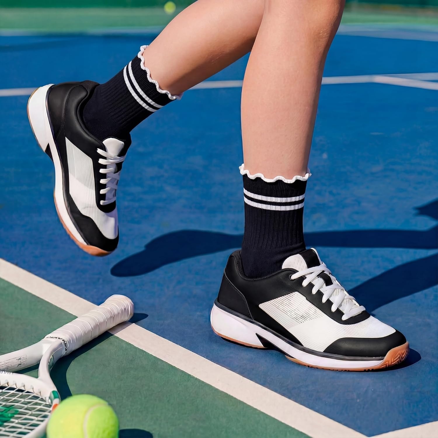 Stelle Girls Socks Ruffle Socks for Girls Cotton Striped Crew Sock Girls Athletic Socks(3 Black Stripes+2 Black)