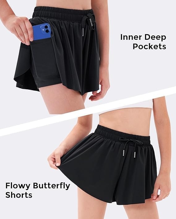 Stelle Girls Butterfly Shorts with Pockets Athletic Running Sports Skirt | 2 in 1 Sports short, 5-16 Years, Lightweight, Breathable, Quick-dry, Compression liner, 2 Inner pockets, Elastic waistband(White+pink+black)