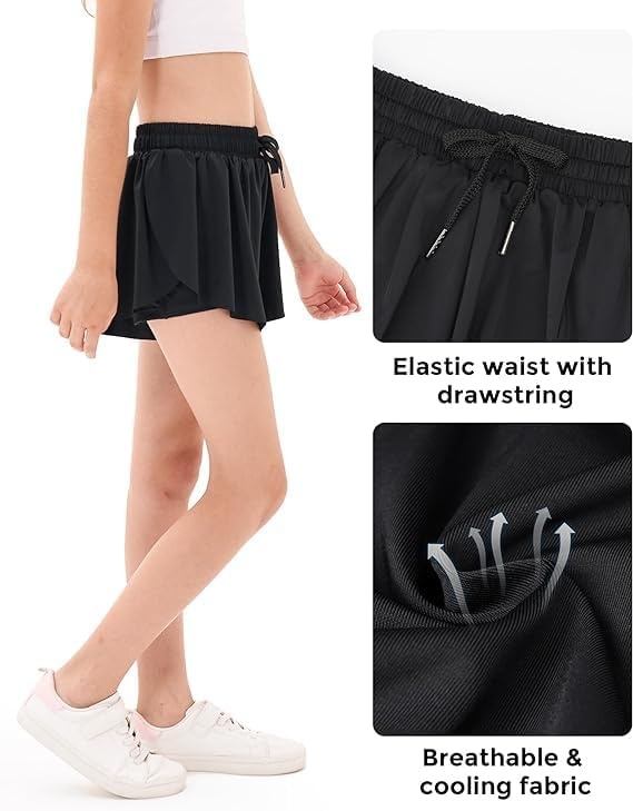 Stelle Girls Butterfly Shorts with Pockets Athletic Running Sports Skirt | 2 in 1 Sports short, 5-16 Years, Lightweight, Breathable, Quick-dry, Compression liner, 2 Inner pockets, Elastic waistband(White+pink+black)