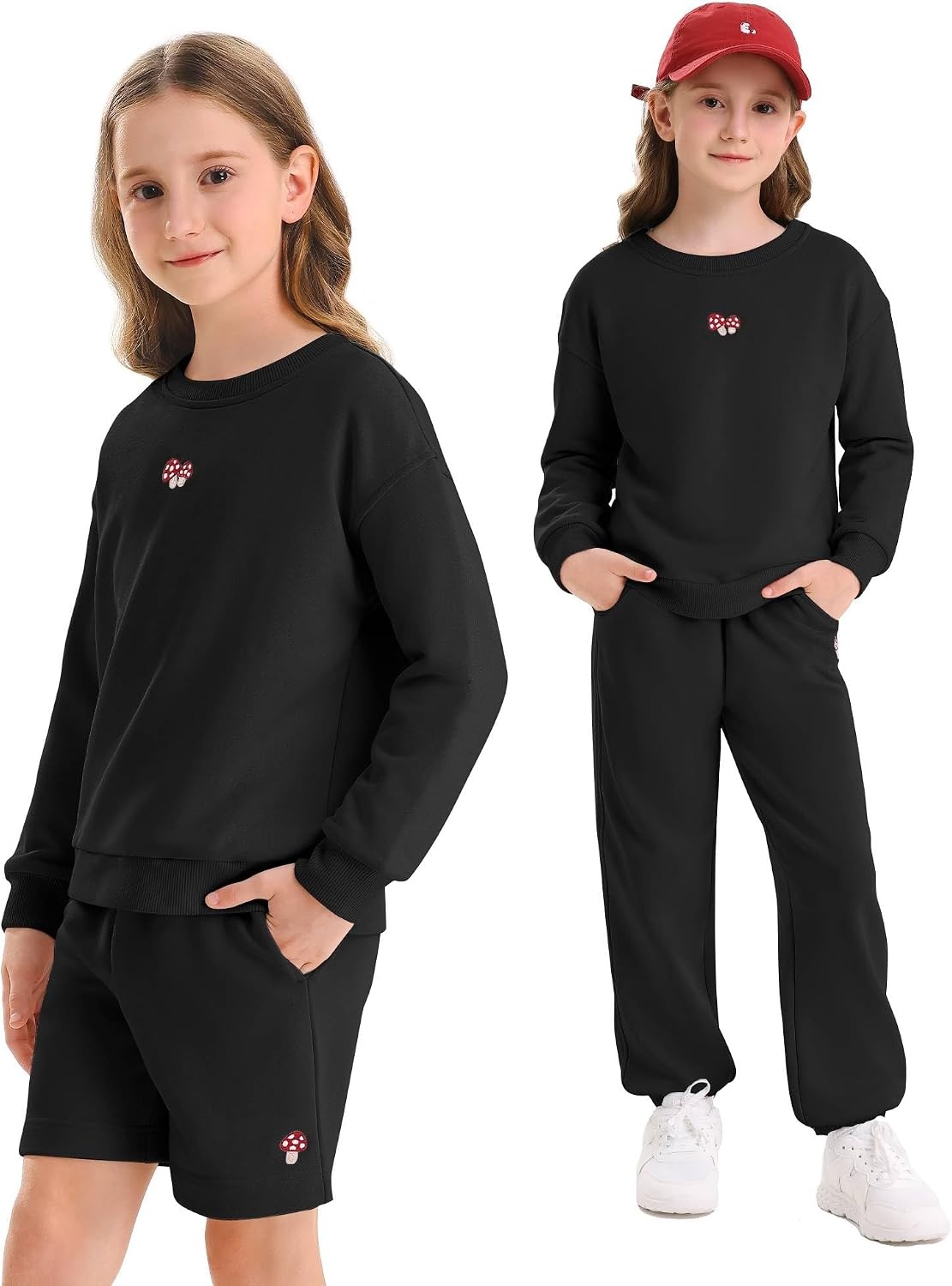 STELLE Girls 3 Piece Outfits Kids Sweatsuit Long Sleeve Sweatshirt Sweatpants and Shorts Matching Set Clothes with Pockets(Black)