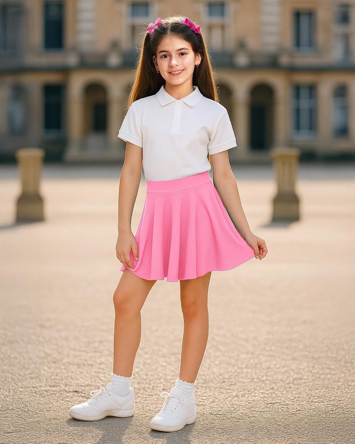Stelle Girls Skirt Casual Flare Plain Pleated Stretch Waist Skater Skirts Uniform Skorts with Built in Shorts 4-15 Years(Pink)
