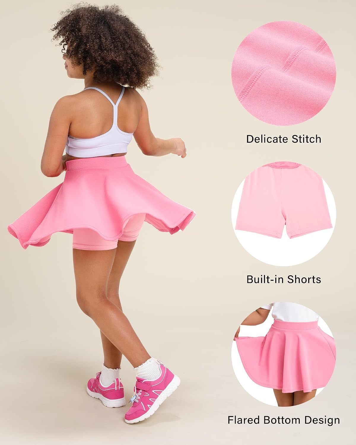 Stelle Girls Skirt Casual Flare Plain Pleated Stretch Waist Skater Skirts Uniform Skorts with Built in Shorts 4-15 Years(Pink)