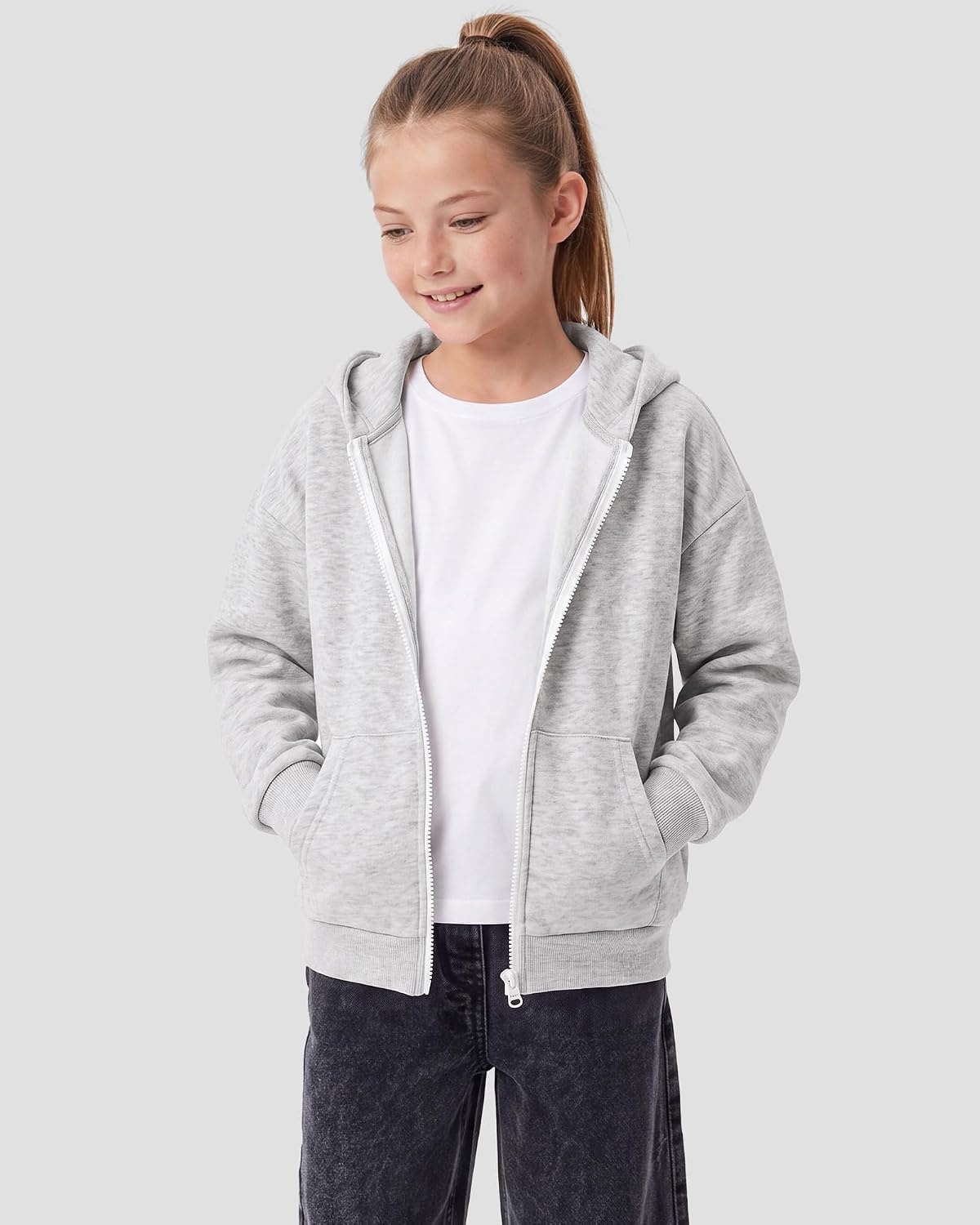 Stelle Girls Zip Up Hoodie Kids Casual Fleece Sweatshirt with Pocket(Light Heather Grey)