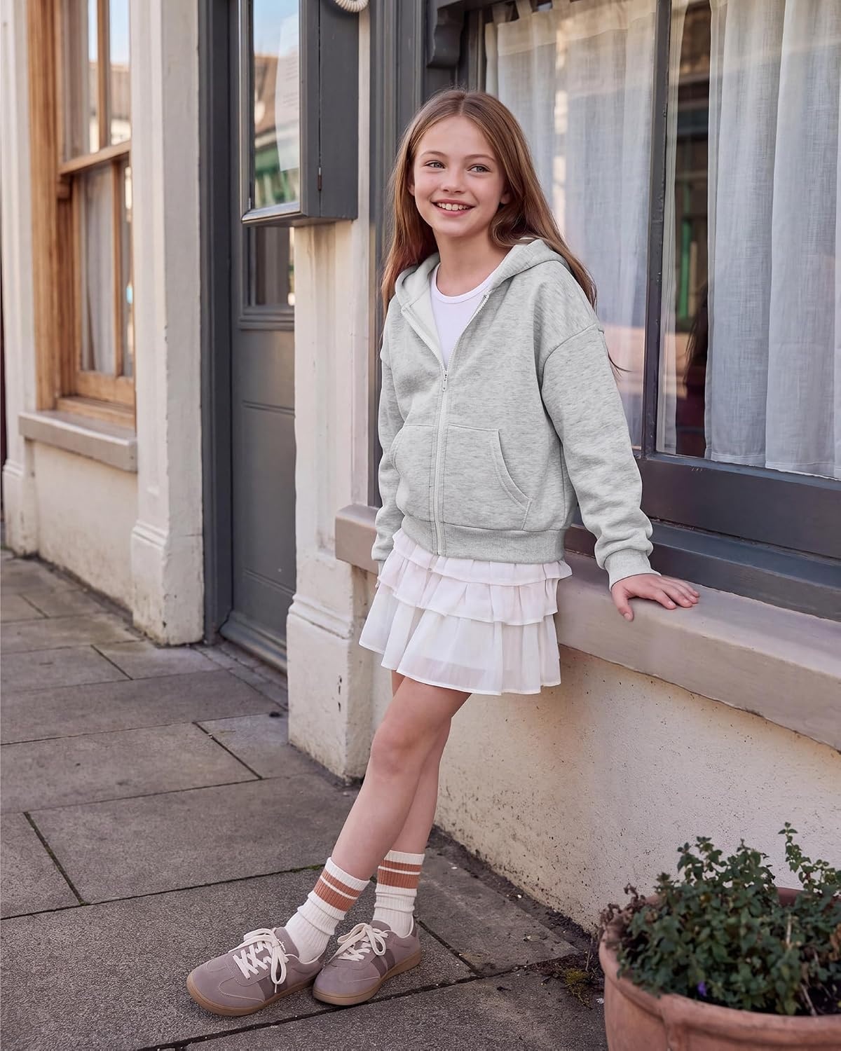 Stelle Girls Zip Up Hoodie Kids Casual Fleece Sweatshirt with Pocket(Light Heather Grey)