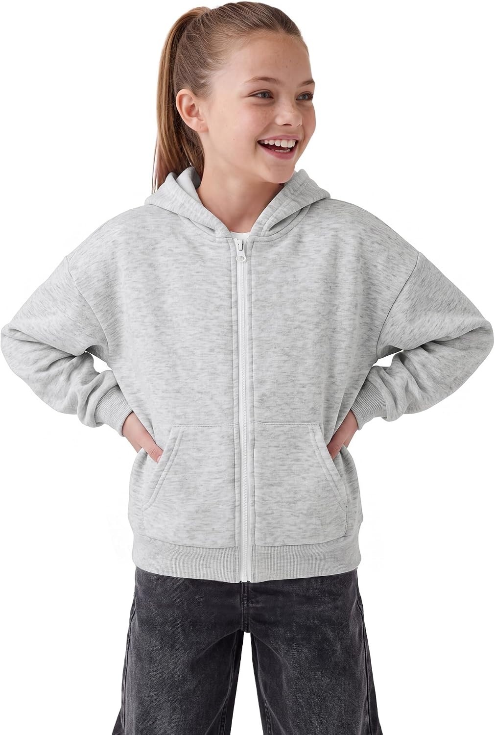 Stelle Girls Zip Up Hoodie Kids Casual Fleece Sweatshirt with Pocket(Light Heather Grey)