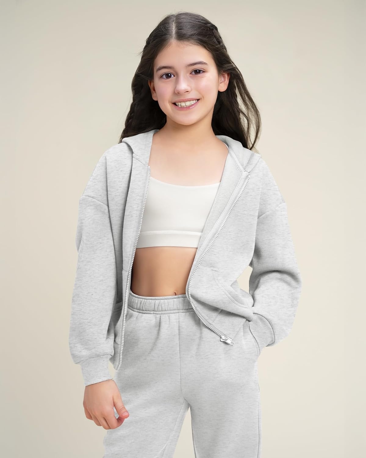 Stelle Girls 2 Piece Sweatsuit Zip Up Hoodies Joggers Tracksuit Sets 5-15Y(Light Heather Grey)