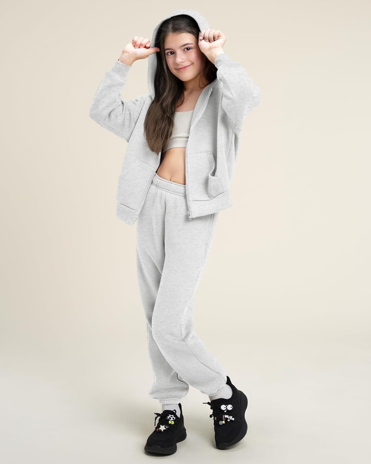 Stelle Girls 2 Piece Sweatsuit Zip Up Hoodies Joggers Tracksuit Sets 5-15Y(Light Heather Grey)