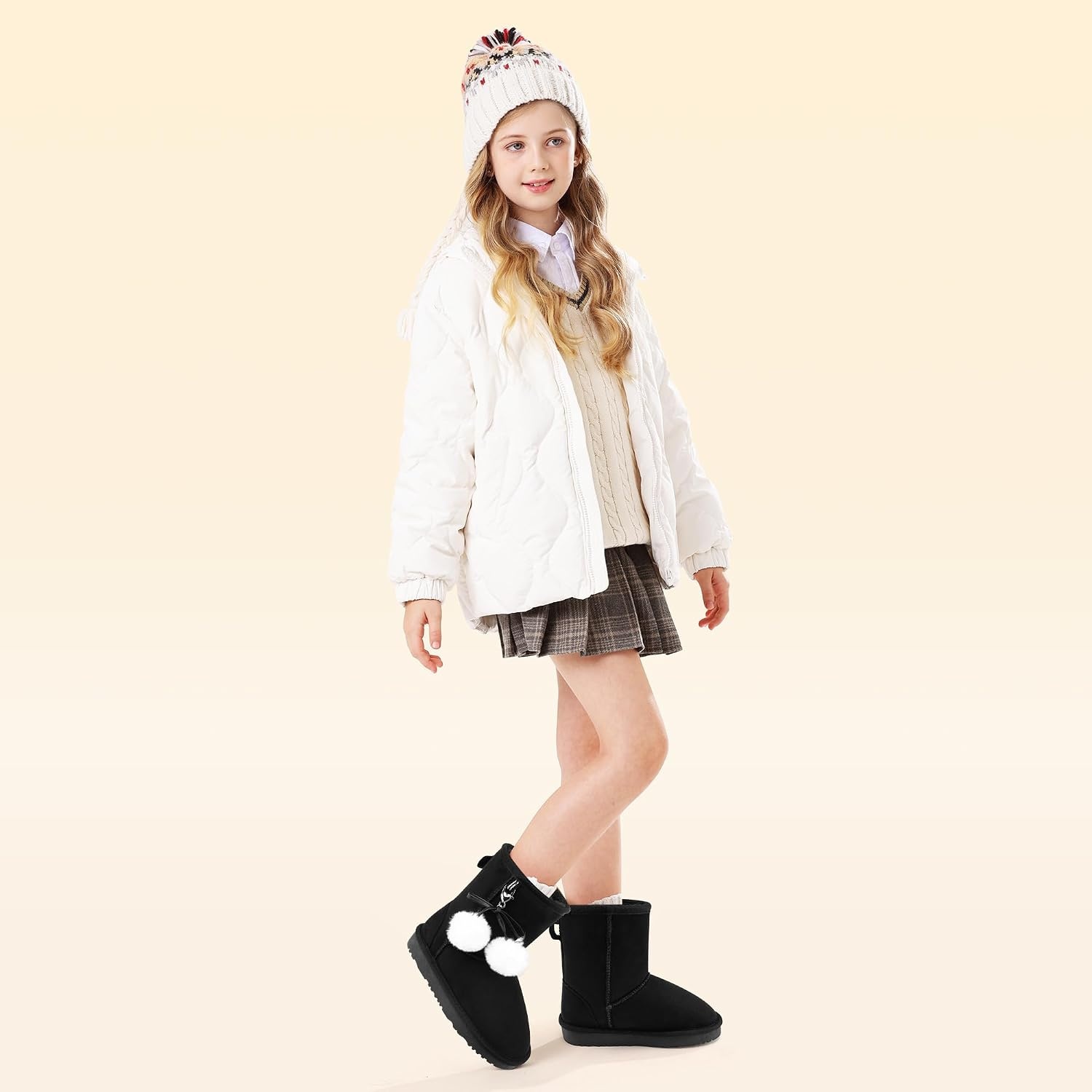 Stelle Kids Winter Boots Girls Boys Snow High Ankle Boots(Black)