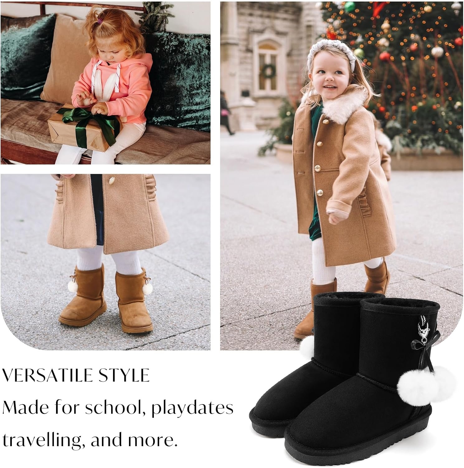 Stelle Kids Winter Boots Girls Boys Snow High Ankle Boots(Black)