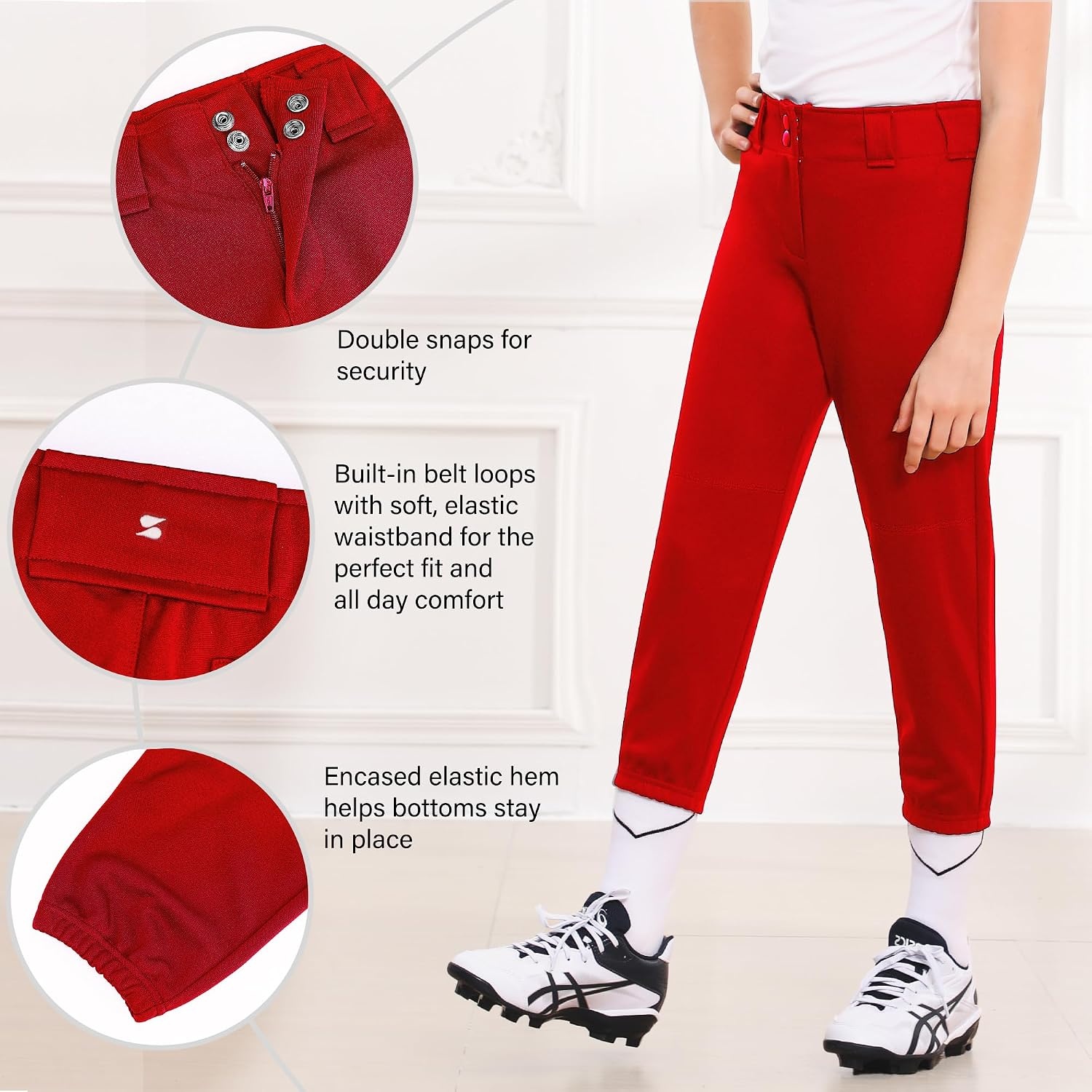 Stelle Softball Pants for Girls Youth with Pockets for Kids Fastpitch(Red)
