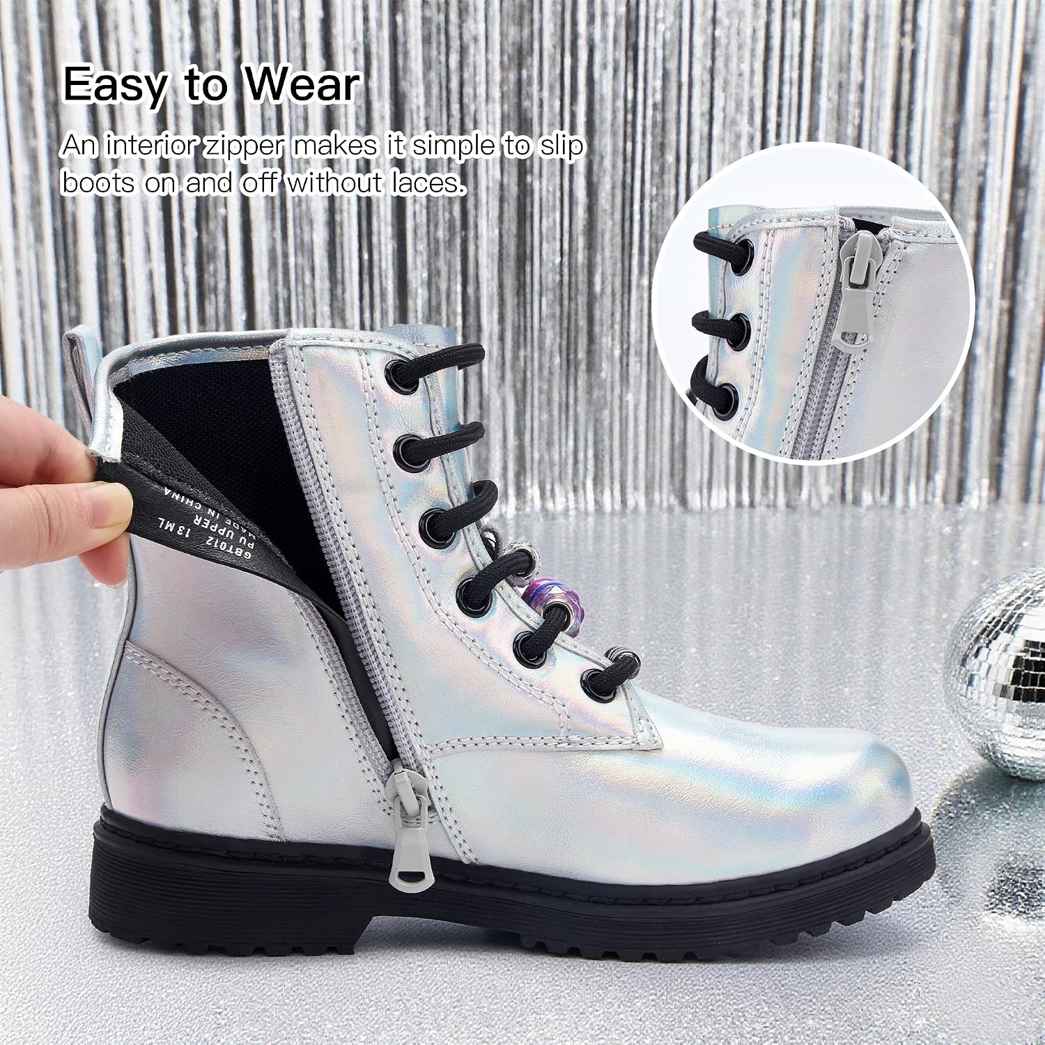 Stelle Girls Combat Boots with DIY Lace Up Side Zipper Ankle Boots(Holograph Silver)