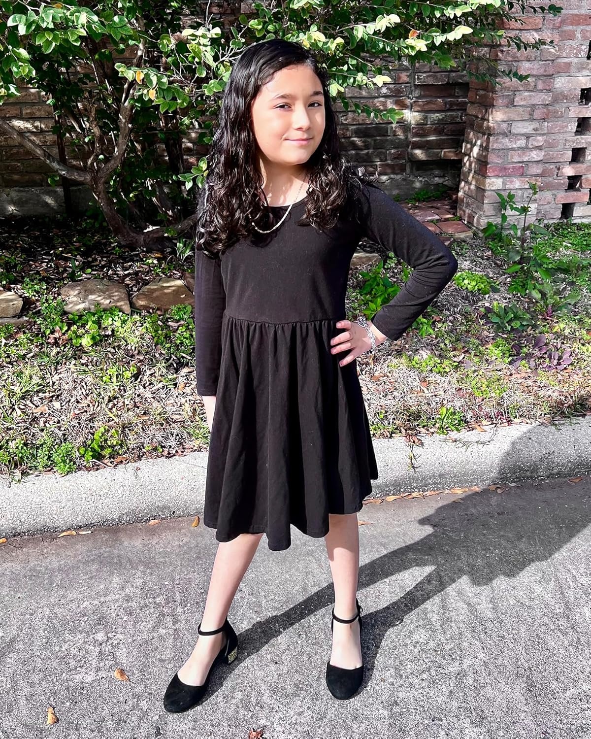 Stelle Long Sleeve Girls Dress Toddler Dresses Skater Twirl Cotton A-Line Dress for School Casual | Criss Cross Back,Crew Neck,High Waist,Spinny Swing,Stretchable,Spring Fall Winter,Casual School Birthday Dance(Black)